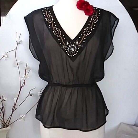 Charming Charlie Sheer Sparkly Gem Bead Embellished Black Blouse Size Small - Picture 1 of 10